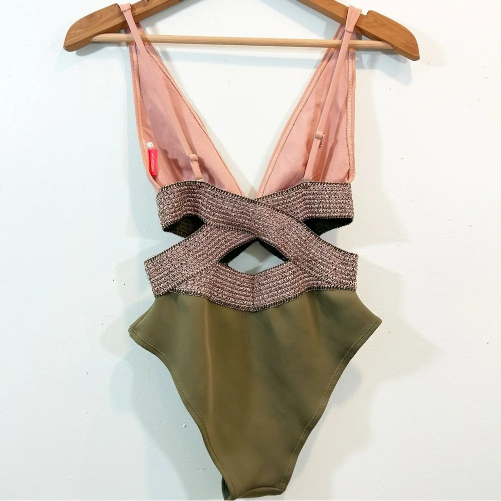 Chic Pink and Green One-Piece Saddle-Stitch Cutout Detail Swimsuit Size 10